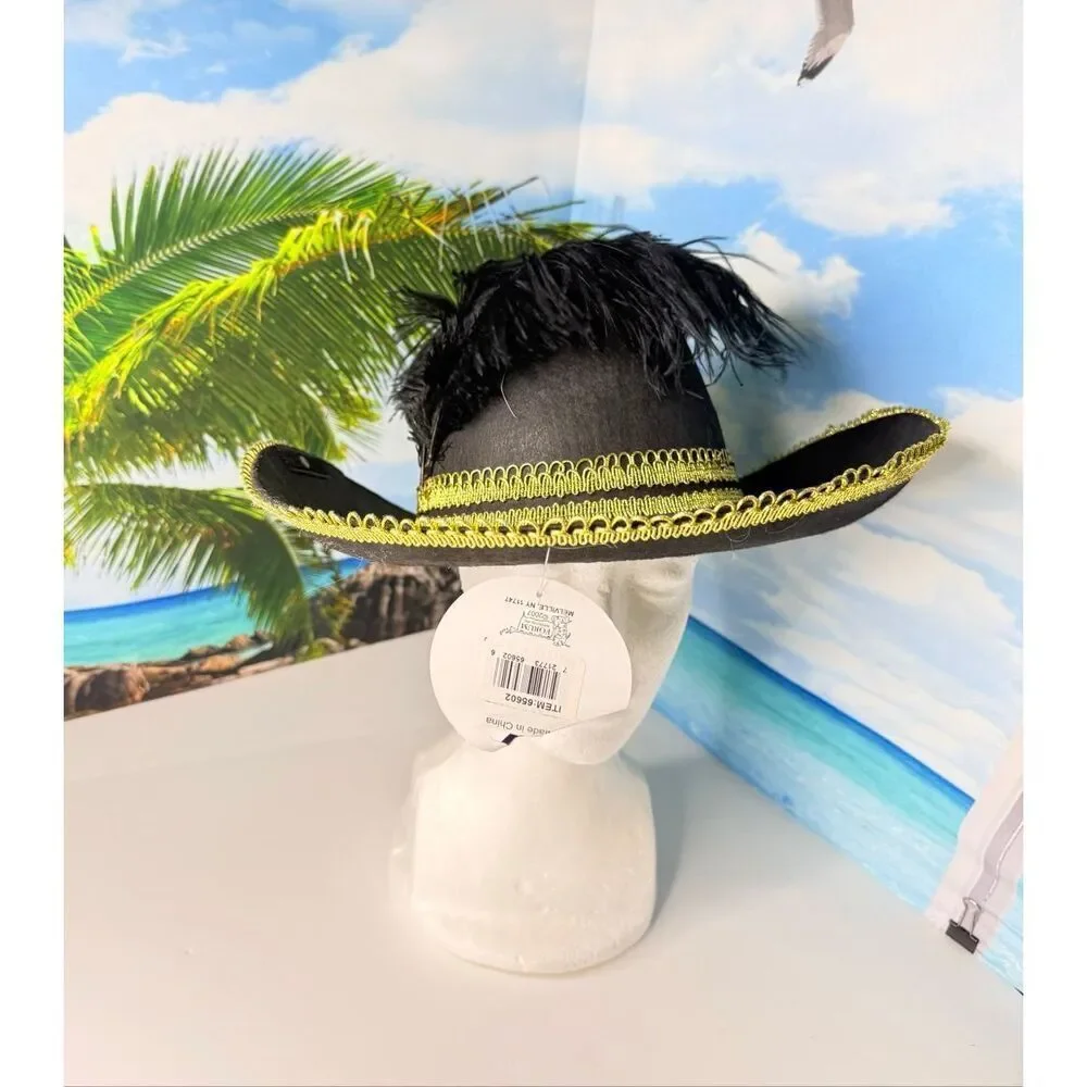 Black & Gold Pirate / Musketeer Costume Hat w Feathers / Plume Adult One Size